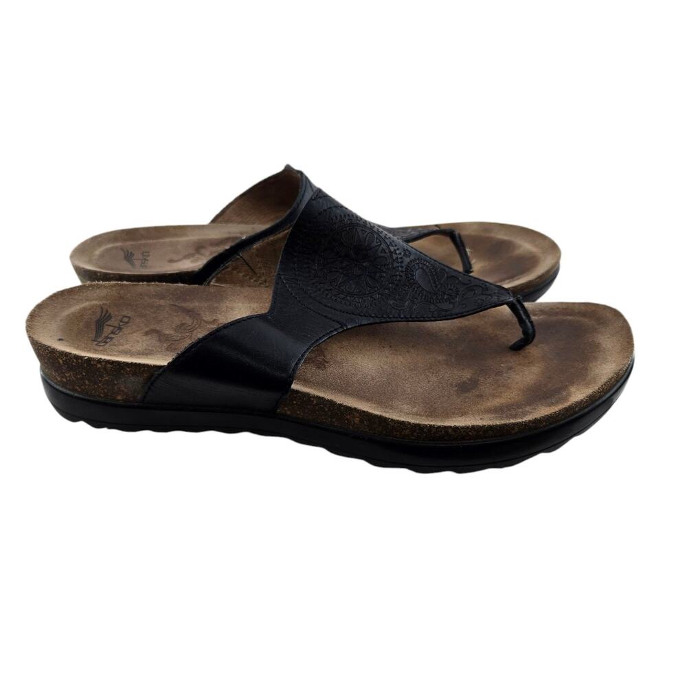 Dansko‎ Pria Sandals Womens 38 7.5 8 Black Leather Embossed Thong Bohemian Boho